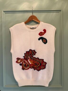 White Knit Vest with Red Paisley Motif